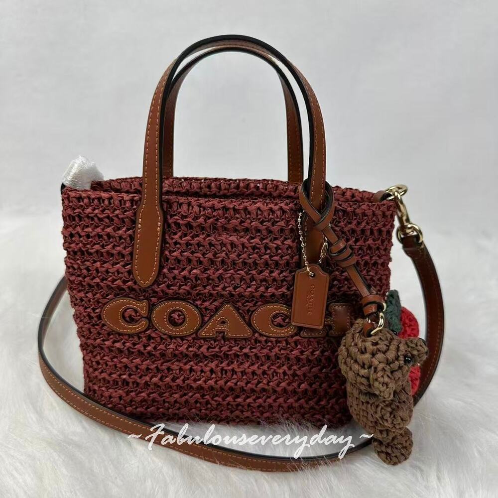 Coach City Mini Tote Bag With Charms in Straw & Leather Gold/Russet CEU30 NWT